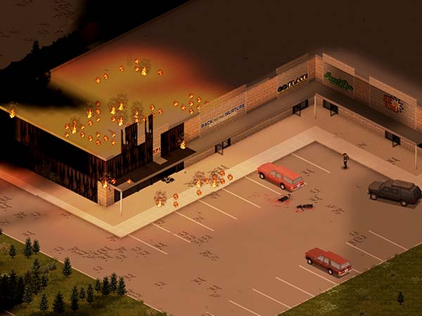 Project Zomboid, player outside of a burning stripmall.