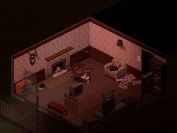 Project Zomboid player reading a book in front of a fireplace.