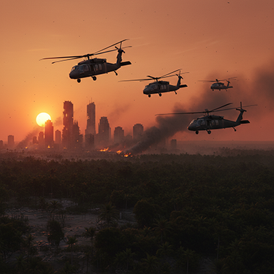 The Helicopters Event picture. Image of 4 Blackhawks flying in a post apocalyptic setting.