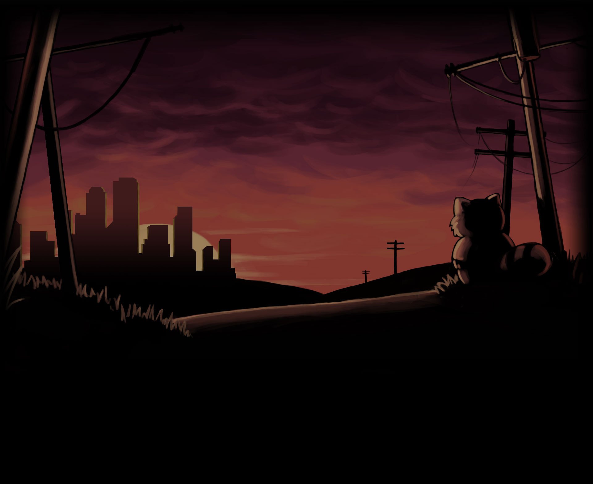 Project Zomboid Spiffo looks towards distant city on horizon.